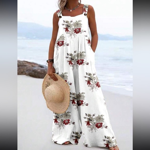 Boho Plus Size Floral Print Overall Wide Leg Jumpsuit - Picture 4 of 7